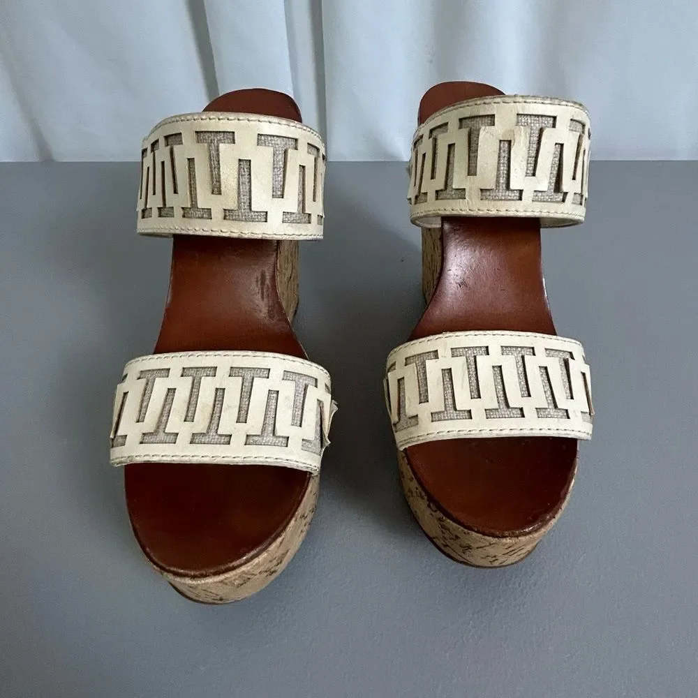 Tory Burch Tan and Cream Wedge Sandals size 8M - Picture 11 of 11